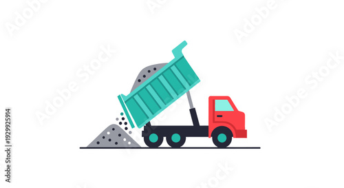 Red dump truck unloading gravel on white background.