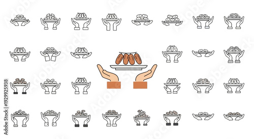 Collection of various food icons with a central serving dish.