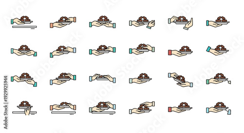 Set of hand holding smartphone icons with various gestures and expressions.