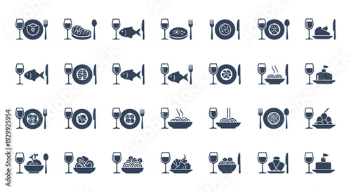 Collection of dark blue restaurant and food icons on white background.