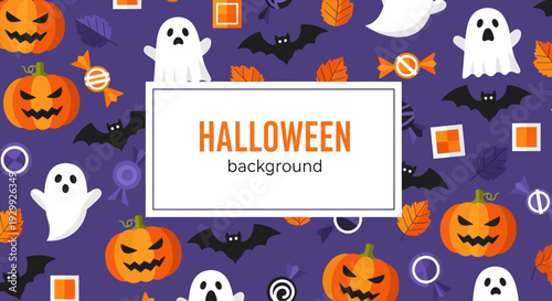 Vibrant Halloween background with cartoon ghosts and pumpkins.