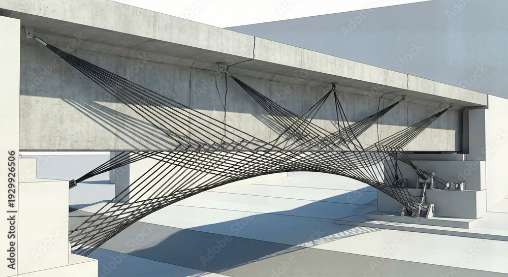 Obraz premium Concrete bridge infrastructure reinforced by complex external tension cable web