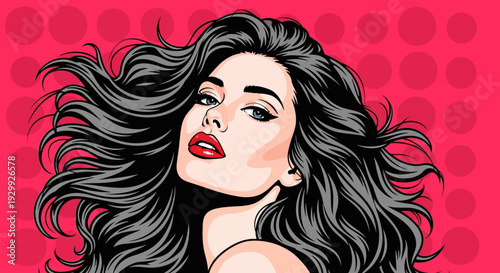 Illustration of a woman with flowing black hair and red lips against a vibrant pink background.
