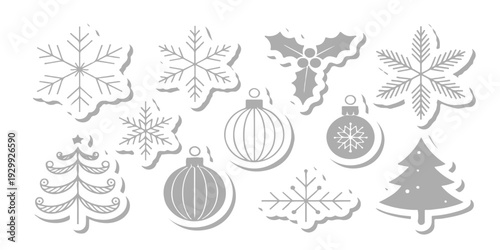 Christmas Icons Set  Snowflakes, Holly, Ornaments and Trees Holiday Vector Stickers.