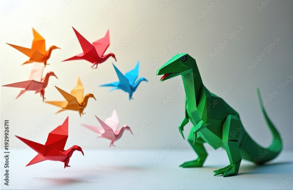 Fototapeta premium Green origami dinosaur confronts flock of colorful paper birds. These handmade cranes fly towards the reptile. Fun craft concept with diverse origami shapes.