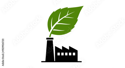Eco-friendly industrial factory with green leaf symbolizing sustainability.