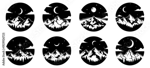 Eight distinct phases of the moon with a forested landscape below each one