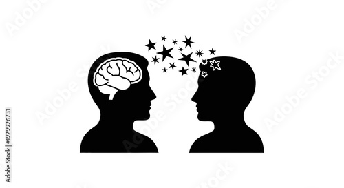 Silhouettes of two people facing each other with ideas and thoughts being shared.