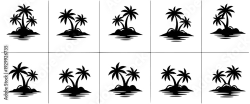 A collection of twelve tropical palm trees on a serene island landscape