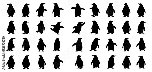 A collection of various penguin silhouettes in different poses and orientations