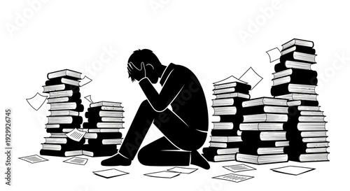 Overwhelmed person surrounded by stacks of books and papers.