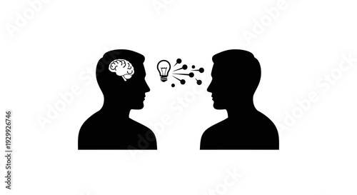 Silhouette of two men facing each other with idea transfer.