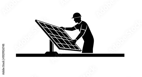 Technician Installing Solar Panel on Roof.