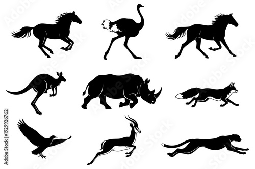 A diverse collection of animal silhouettes in dynamic poses showcasing various species