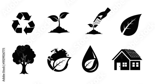 Eco-friendly icons set with recycling and nature symbols.
