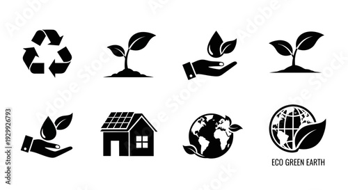 Eco-friendly icons representing sustainability and green energy.