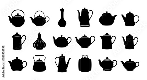 Assorted tea kettles and teapots in black silhouette designs