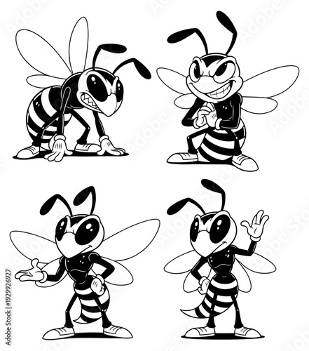 Four cartoon bees in various poses with different facial expressions and gestures