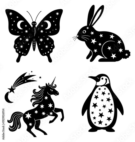 Whimsical starry night animals in black and white illustration