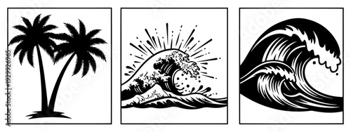 Tropical paradise with palm trees, a rising sun, and crashing waves