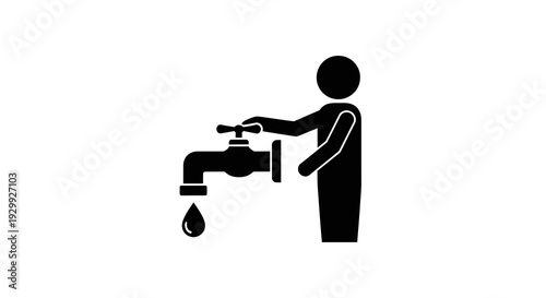 Person turning on faucet with dripping water simple icon.