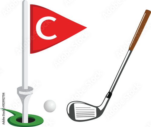 Golf Course Scene with Flag, Ball, and Club, Outdoor Sports Landscape Illustration