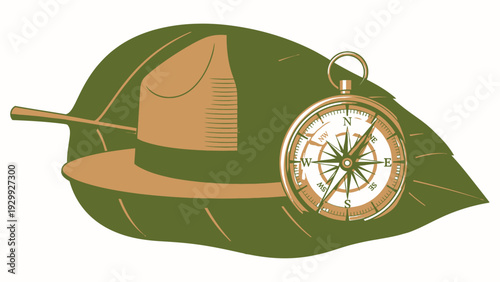 Vintage Compass and Explorer Hat on Leaf.