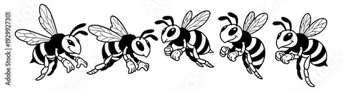 A group of bees flying in a row, showcasing their intricate patterns and wings.