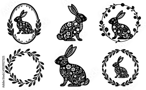 Six black and white drawings of rabbits surrounded by ornate decorations