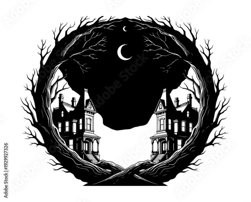 Eerie silhouettes of people sitting in a circle surrounded by twisted trees under a full moon