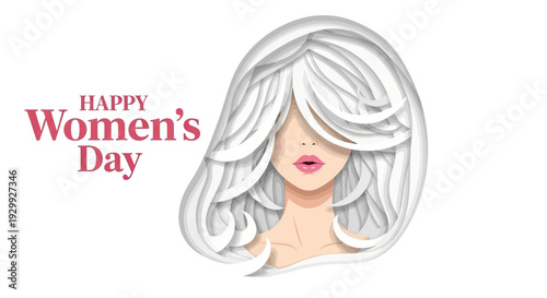 Happy Women's Day illustration of a woman with flowing white hair.