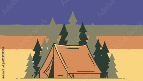 Orange Tent Camping in Forest Illustration.