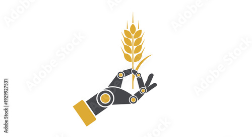Robot hand holding a wheat stalk symbolizing technology and agriculture.