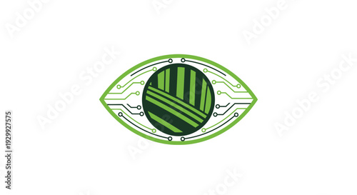 Green eye logo with striped iris and wavy eyelids design.