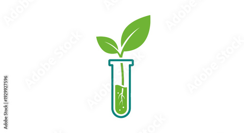 Laboratory Test Tube with Green Liquid and Sprouting Leaves.
