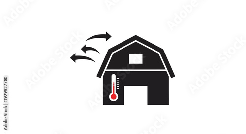 Simple black icon of a barn with a thermometer and wind direction arrows.