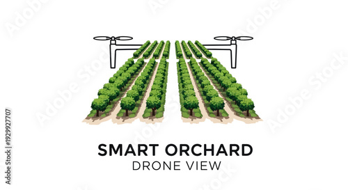 Drone view of a smart orchard with rows of trees and flying drones.