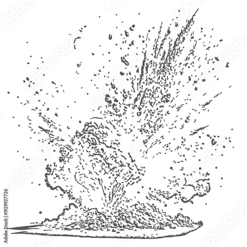 Vintage Explosion Illustration Showing Eruption Burst, Smoke Plume and Scattered Debris in Monochrome.