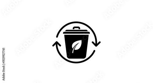 Recycling symbol with trash can and leaf.