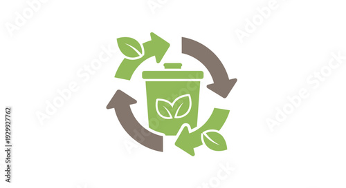 Recycling symbol with green trash can and leaves.