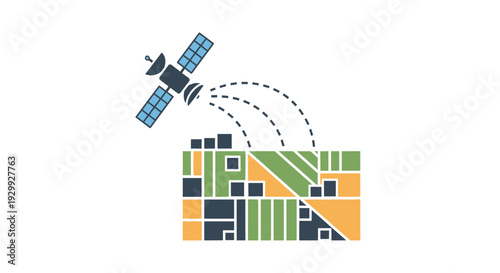 Satellite transmitting data to a geometric landscape.