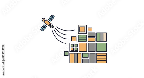 Satellite transmitting data to a grid of digital blocks.