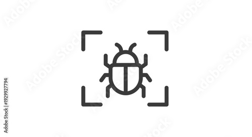 Simple black bug icon within a square camera focus frame on white background.