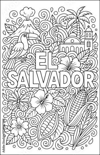 El Salvador hand drawn vector illustration doodle art line art coloring page for kids
