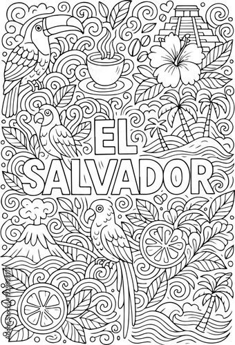 El Salvador hand drawn vector illustration doodle art line art coloring page for kids