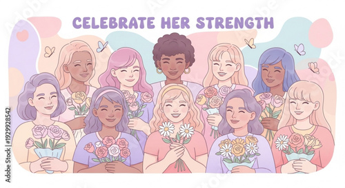 Diverse group of women celebrating female empowerment with flowers and colorful background