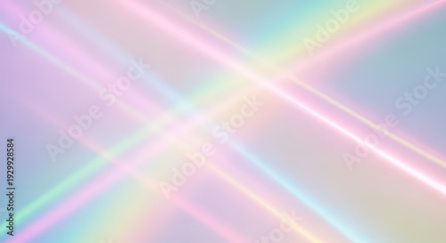 Abstract holographic background with crossing pastel light beams and rainbow prism lens flare effects