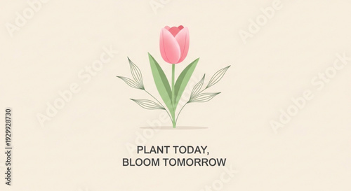 Pink tulip with green leaves and inspirational quote on beige background