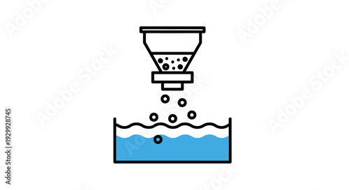 Simple illustration of particles being filtered into a container of liquid.