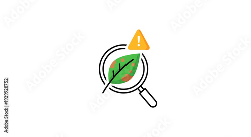 Magnifying glass examining a leaf with warning sign.